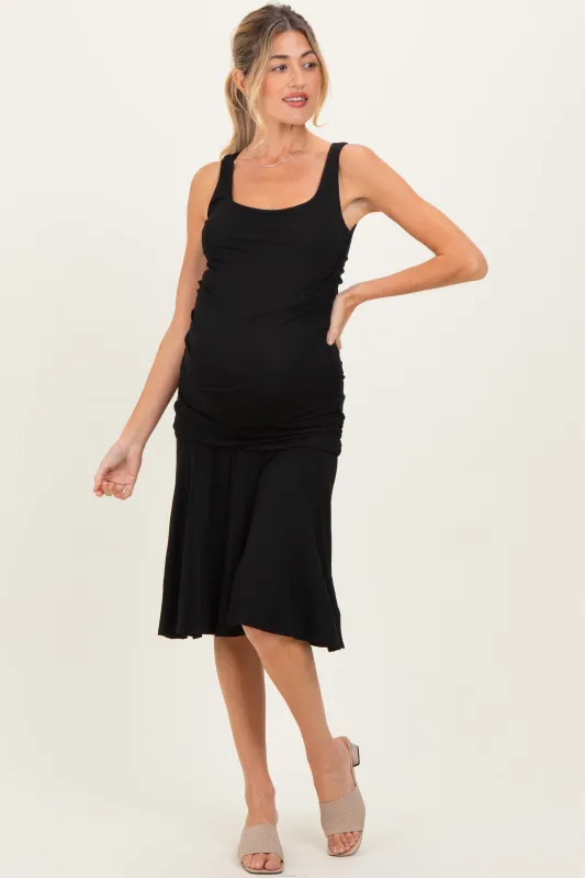 Black Ruched Sleeveless Drop Waist Maternity Midi Dress sold by Pinkblush