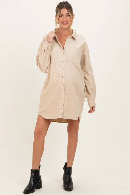 Beige Corduroy Maternity Shirt Mini Dress sold by Pinkblush