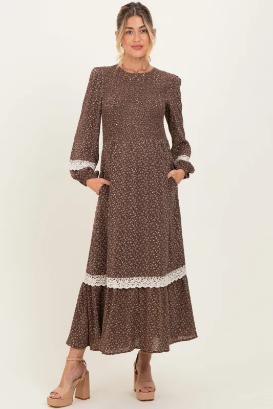 Brown Floral Smocked Crochet Lace Accent Maternity Maxi Dress sold by Pinkblush