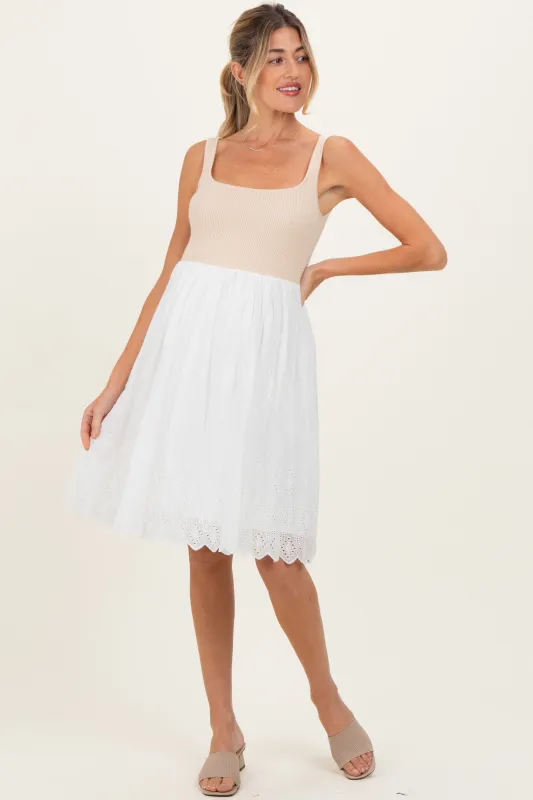 Beige Knit Contrast Eyelet Lace Skirt Maternity Mini Dress sold by Pinkblush