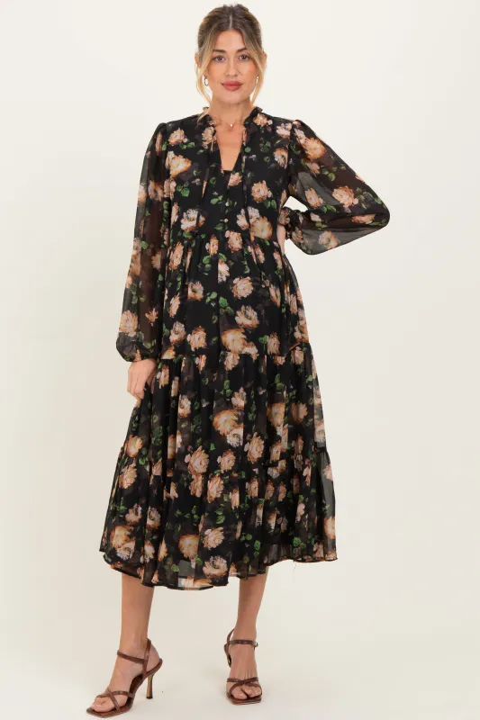 Black Multi Floral Tiered Button Down Maternity Maxi Dress sold by Pinkblush
