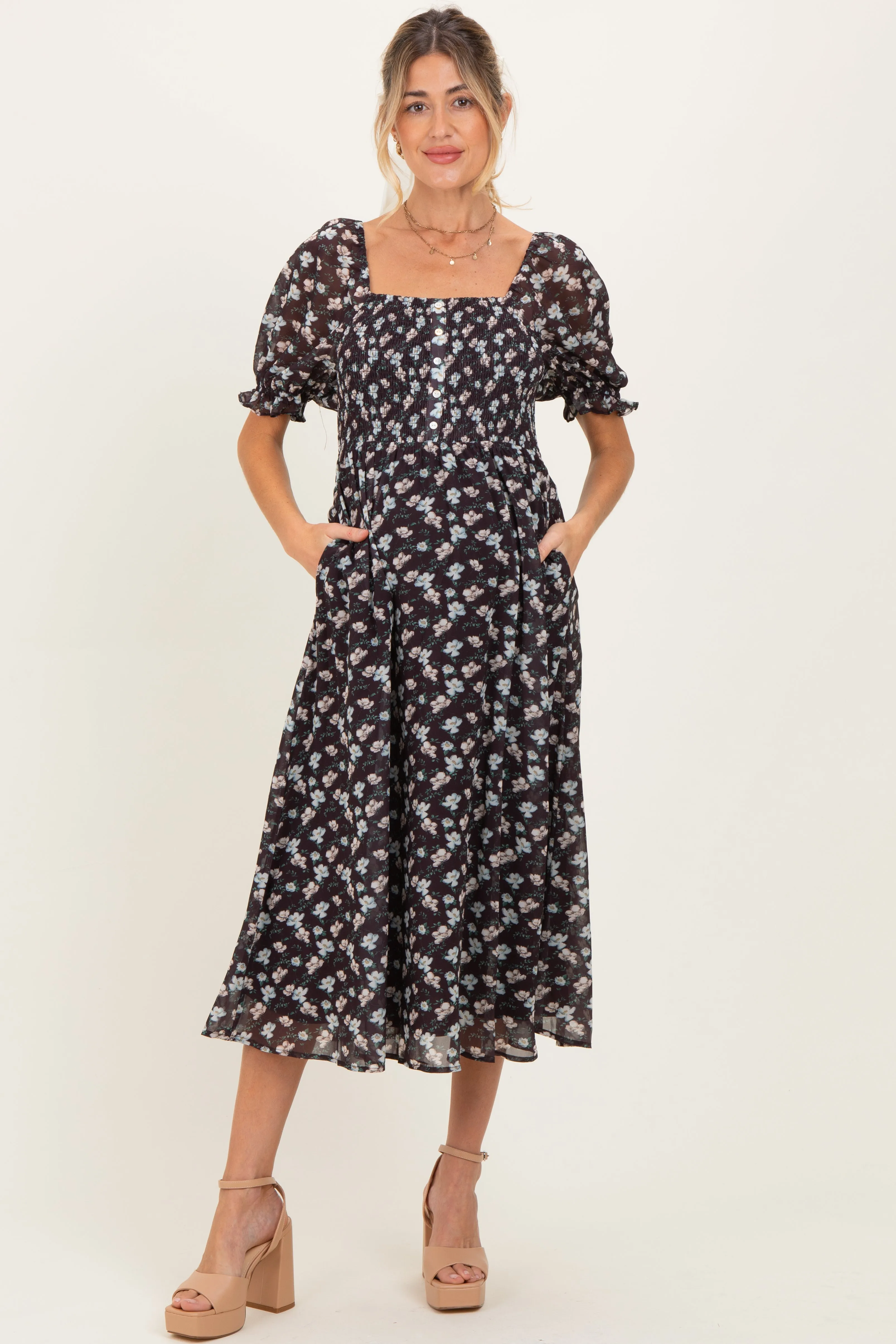 Brown Floral Smocked Puff Sleeve Maternity Midi Dress sold by Pinkblush product image thumbnail 2