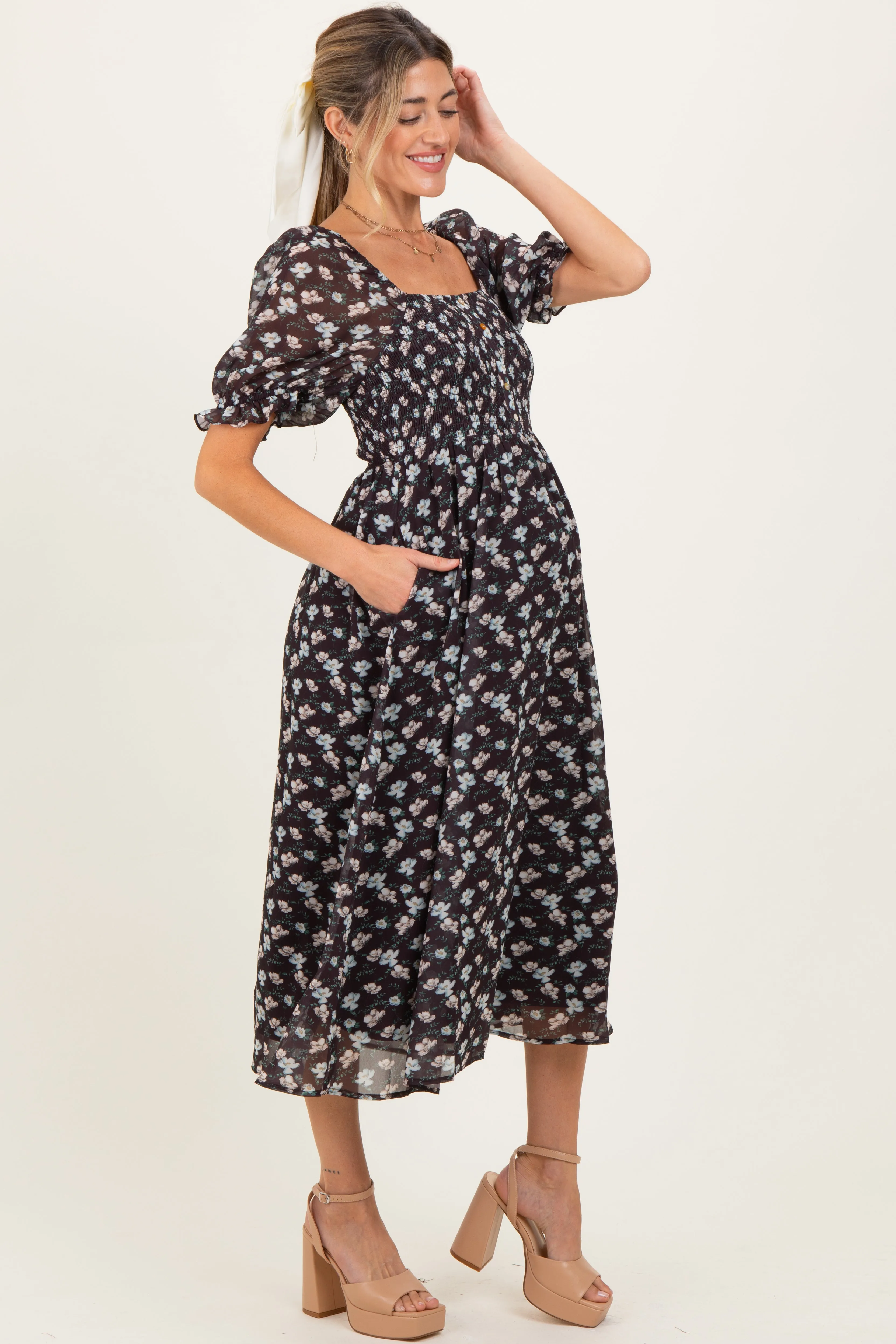Brown Floral Smocked Puff Sleeve Maternity Midi Dress sold by Pinkblush product image thumbnail 3