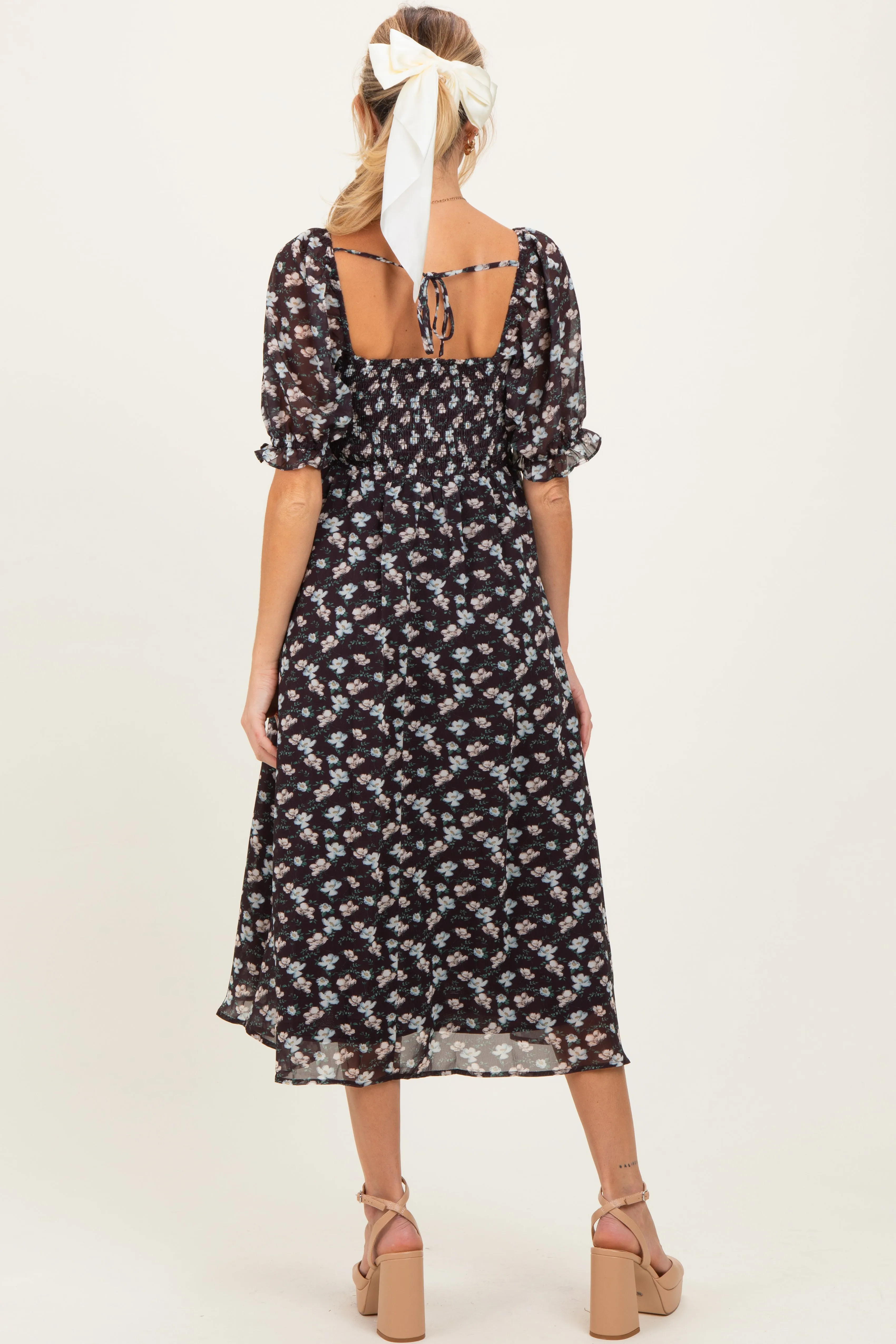 Brown Floral Smocked Puff Sleeve Maternity Midi Dress sold by Pinkblush product image thumbnail 4