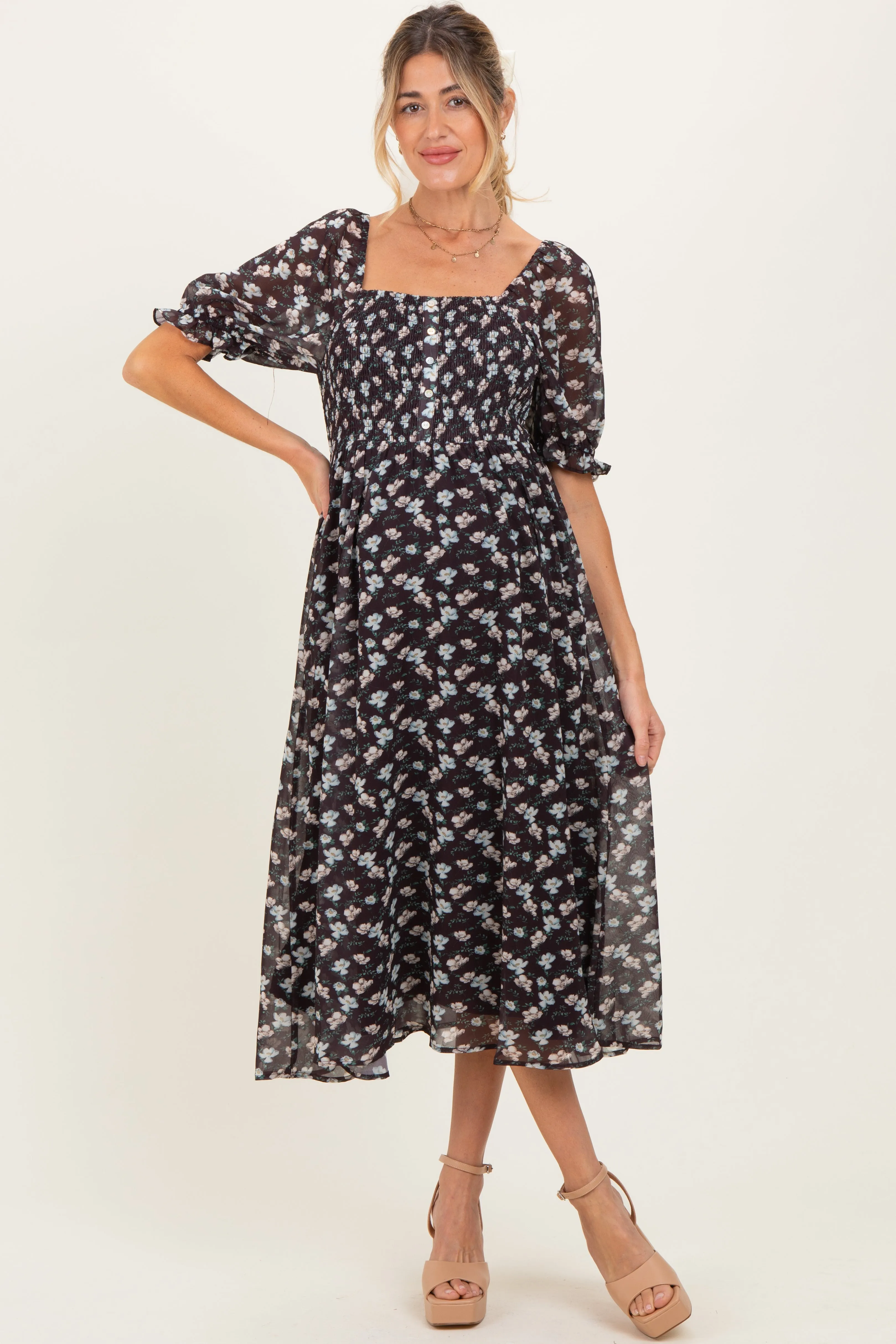 Brown Floral Smocked Puff Sleeve Maternity Midi Dress sold by Pinkblush
