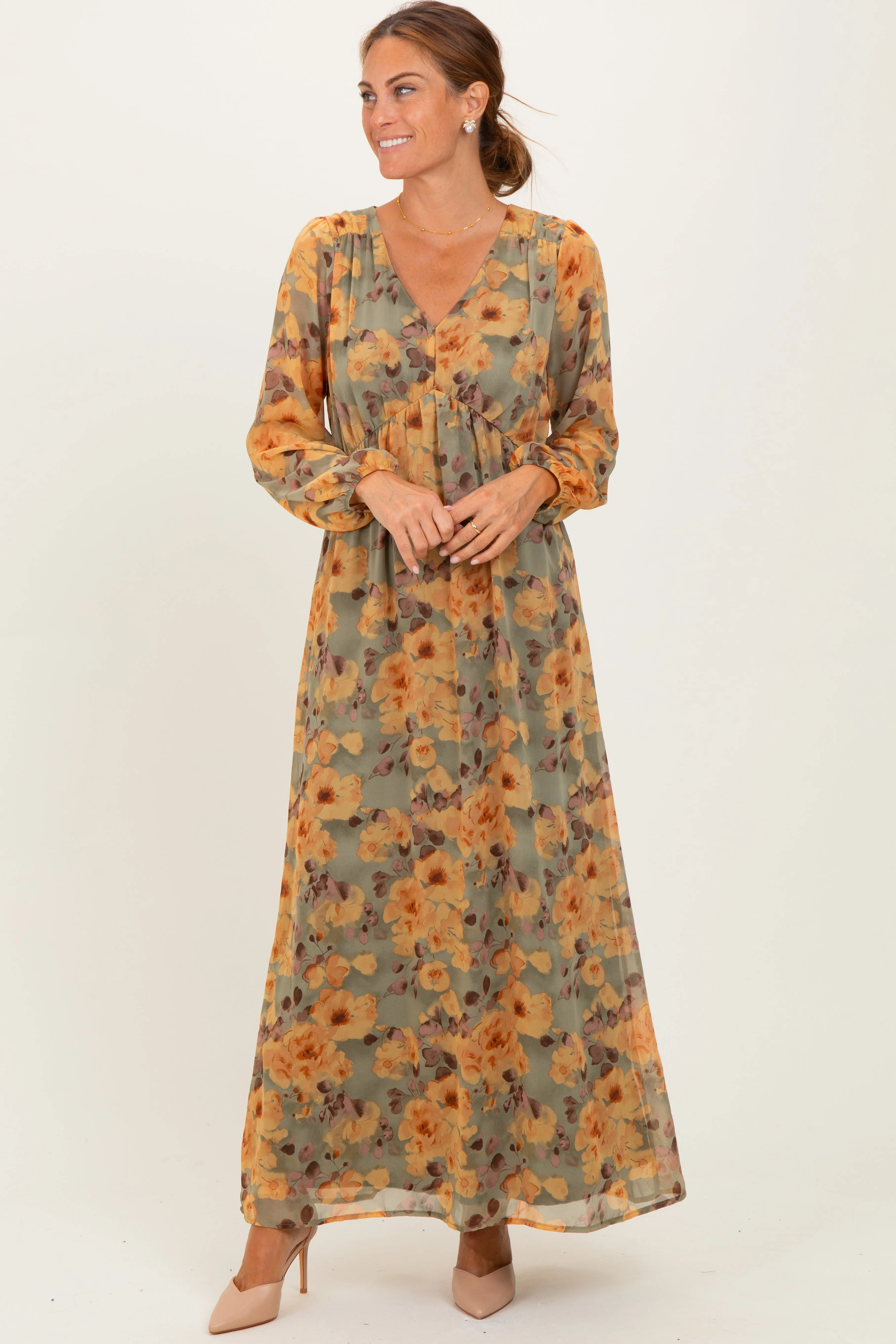 Light Olive Floral V-Neck Long Sleeve Maternity Midi Dress sold by Pinkblush product image thumbnail 5