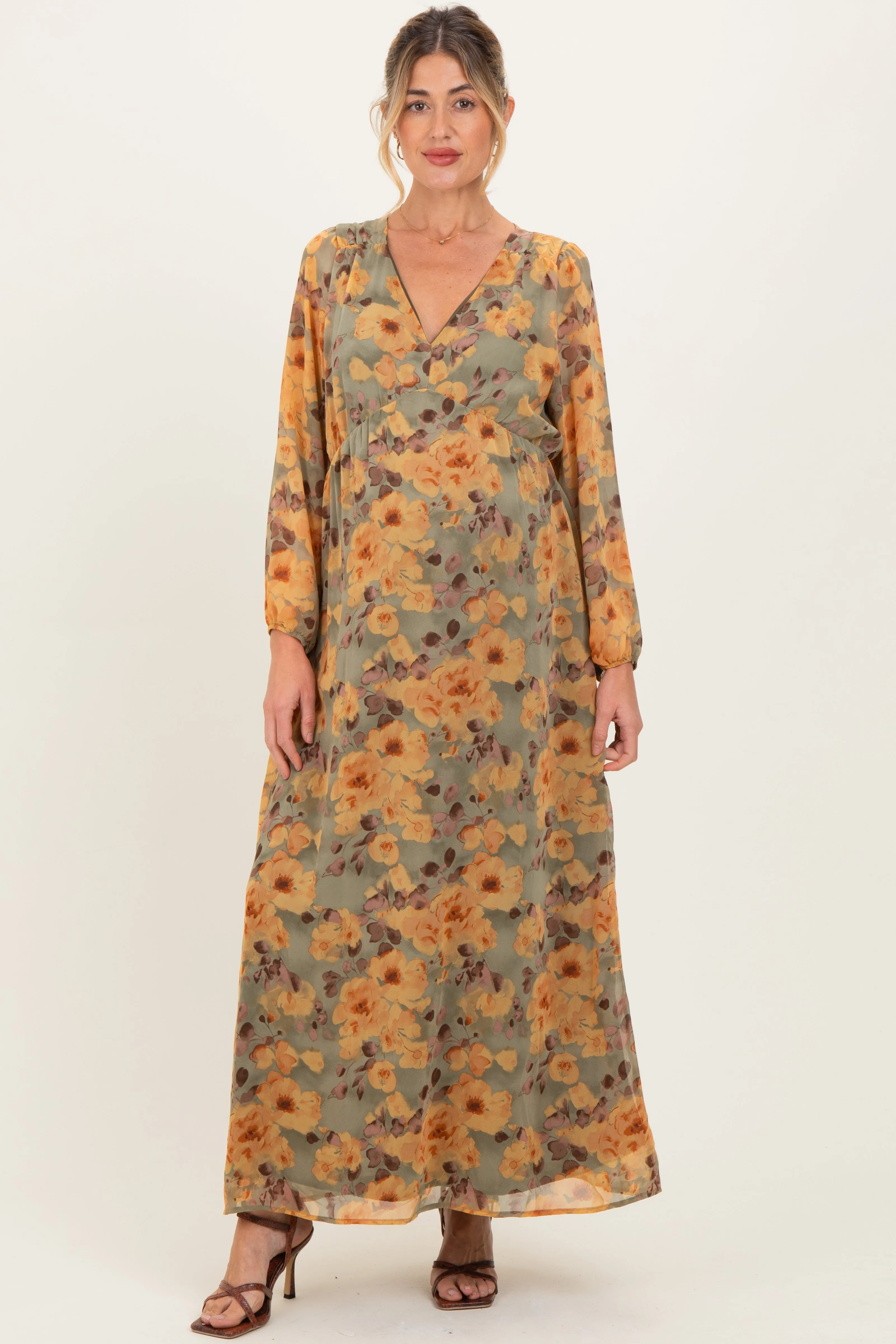 Light Olive Floral V-Neck Long Sleeve Maternity Midi Dress sold by Pinkblush product image thumbnail 2