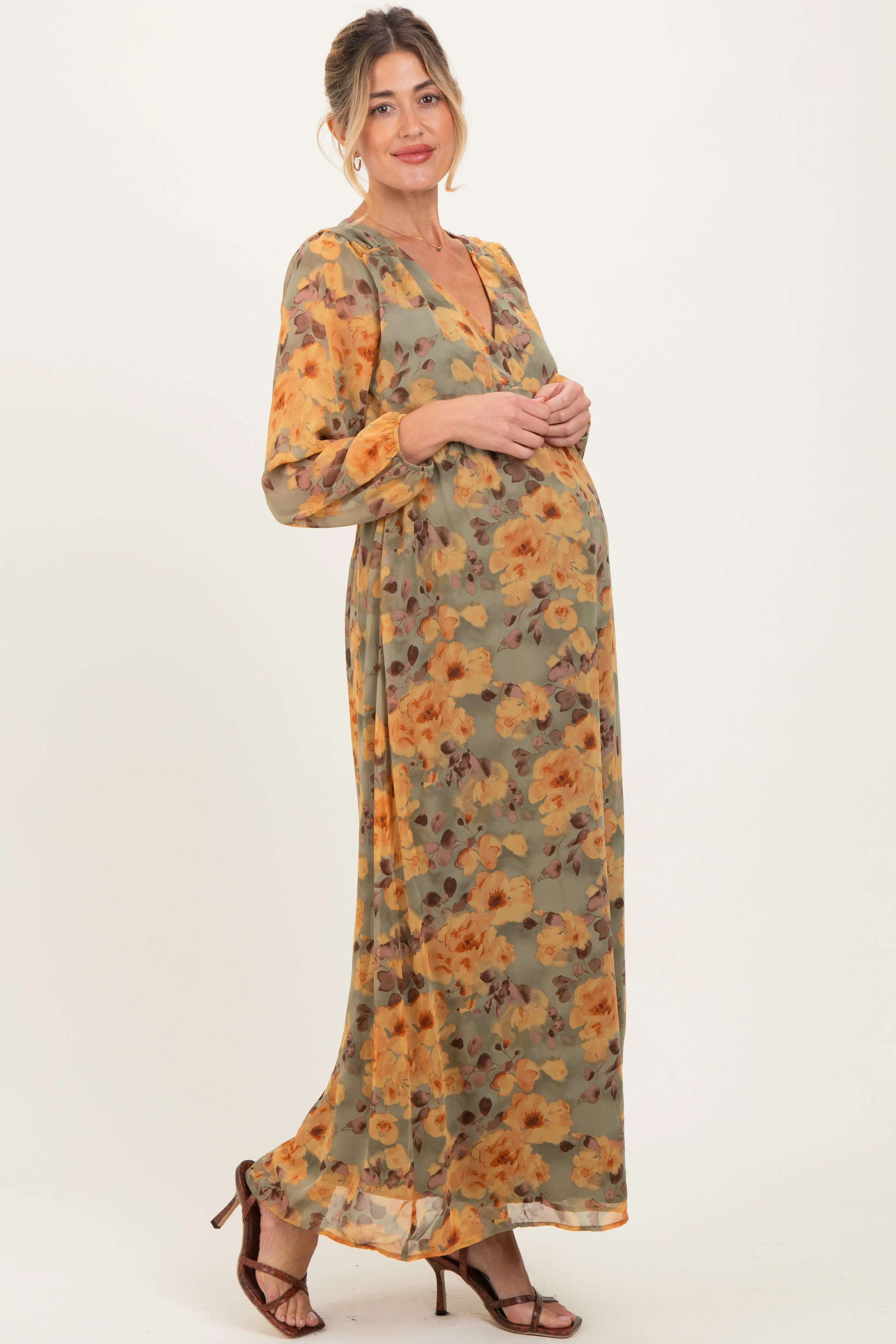 Light Olive Floral V-Neck Long Sleeve Maternity Midi Dress sold by Pinkblush product image thumbnail 3