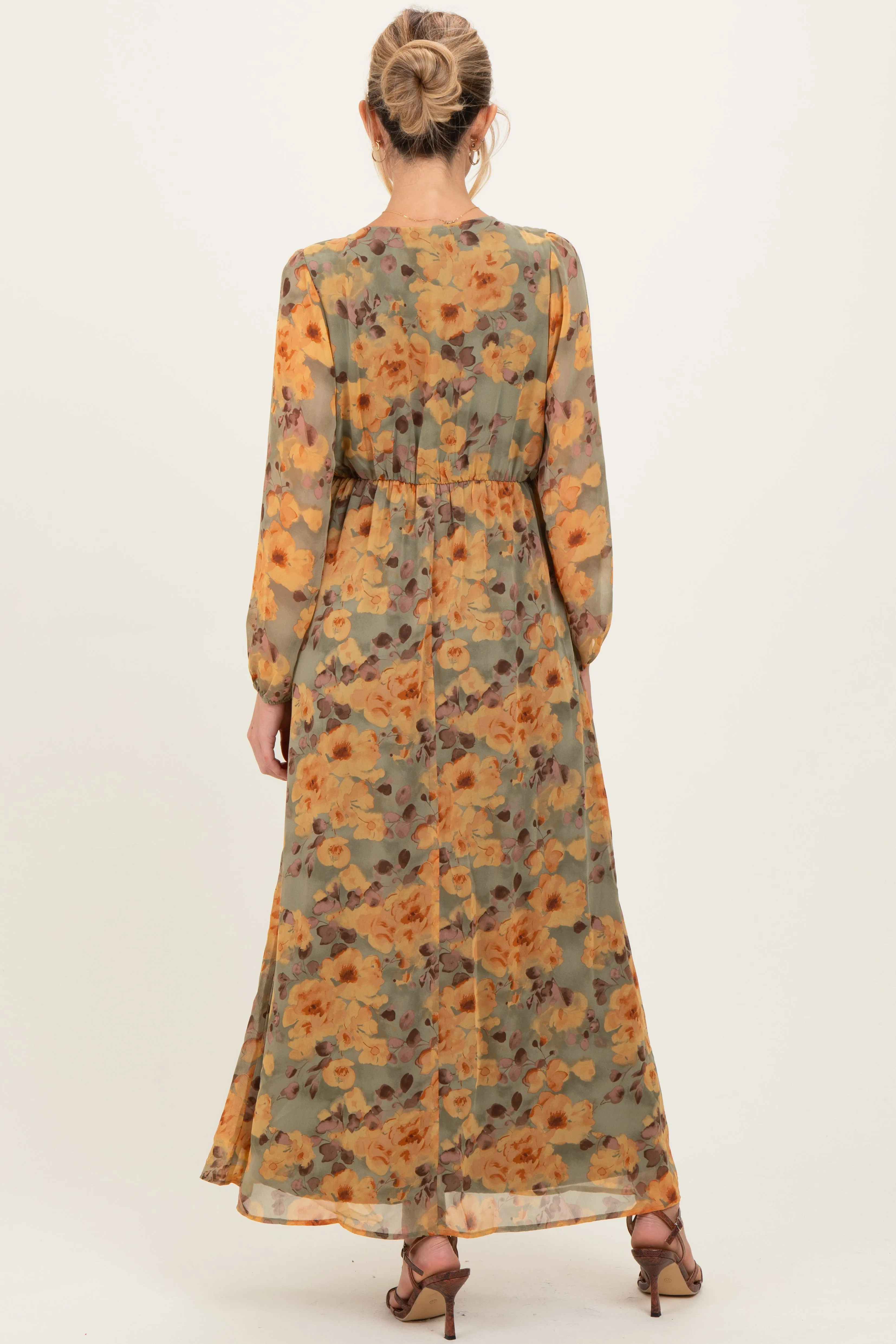 Light Olive Floral V-Neck Long Sleeve Maternity Midi Dress sold by Pinkblush product image thumbnail 4