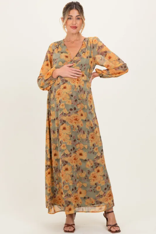 Light Olive Floral V-Neck Long Sleeve Maternity Midi Dress sold by Pinkblush