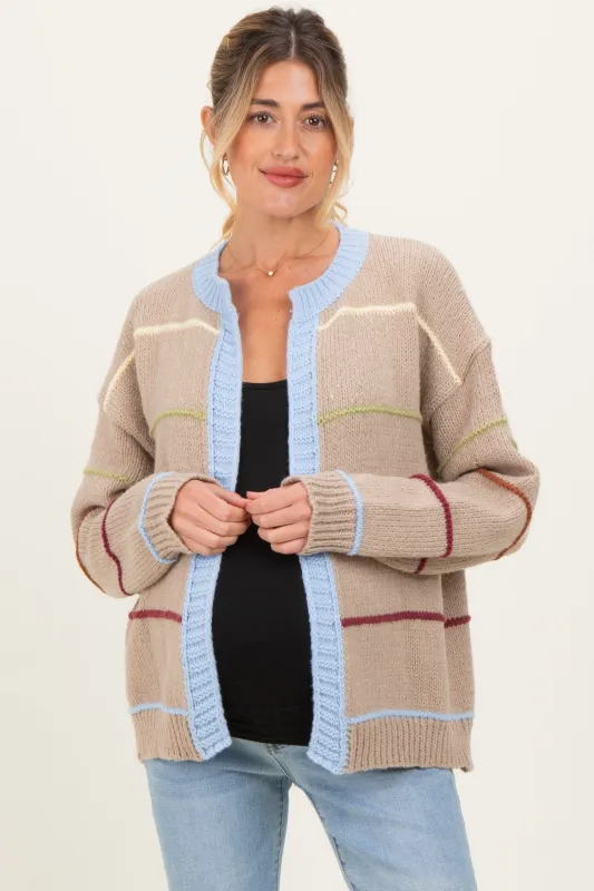 Beige Multicolor Stripe Chunky Knit Maternity Cardigan sold by Pinkblush