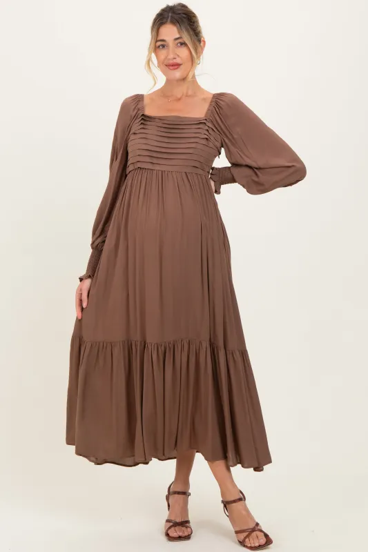 Mocha Pleated Bodice Long Sleeve Maternity Maxi Dress sold by Pinkblush