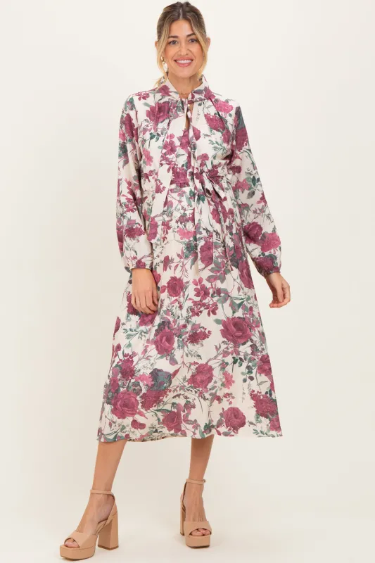 Cream Floral Neck Tie Long Sleeve Maternity Midi Dress sold by Pinkblush