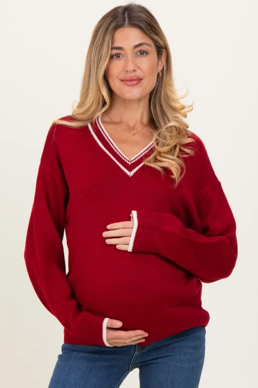 Burgundy Contrast Detail V-Neck Maternity Sweater sold by Pinkblush