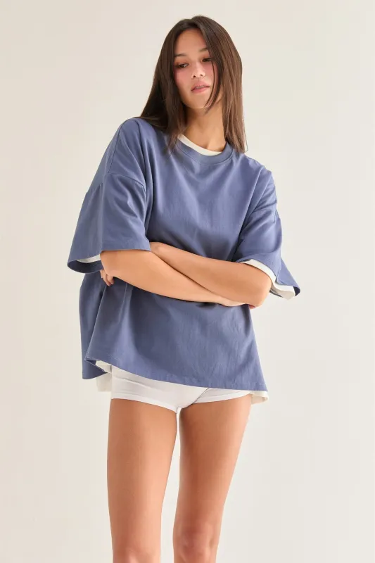 Dusty Navy Crew Neck Short Sleeve Oversized T-Shirt sold by Pinkblush