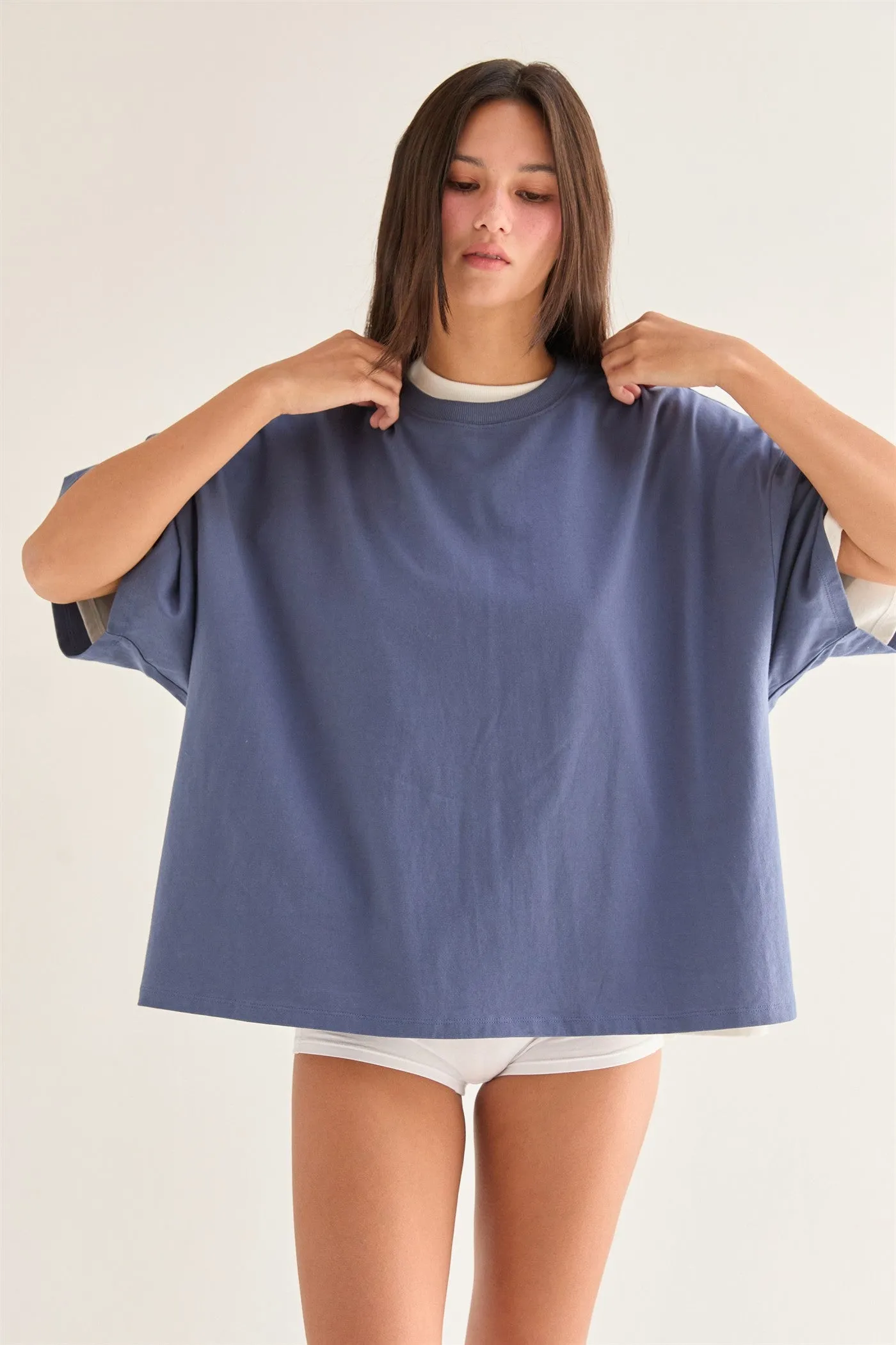 Dusty Navy Crew Neck Short Sleeve Oversized T-Shirt sold by Pinkblush product image thumbnail 2