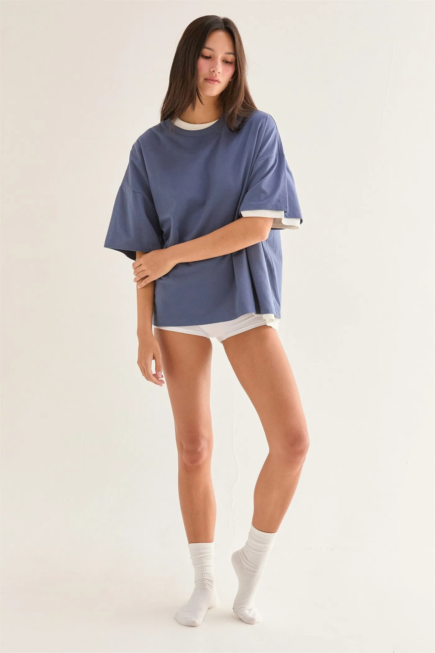 Dusty Navy Crew Neck Short Sleeve Oversized T-Shirt sold by Pinkblush product image thumbnail 3