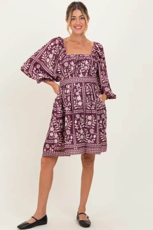 Plum Floral Square Neck Bubble Sleeve Maternity Dress made by Polagram