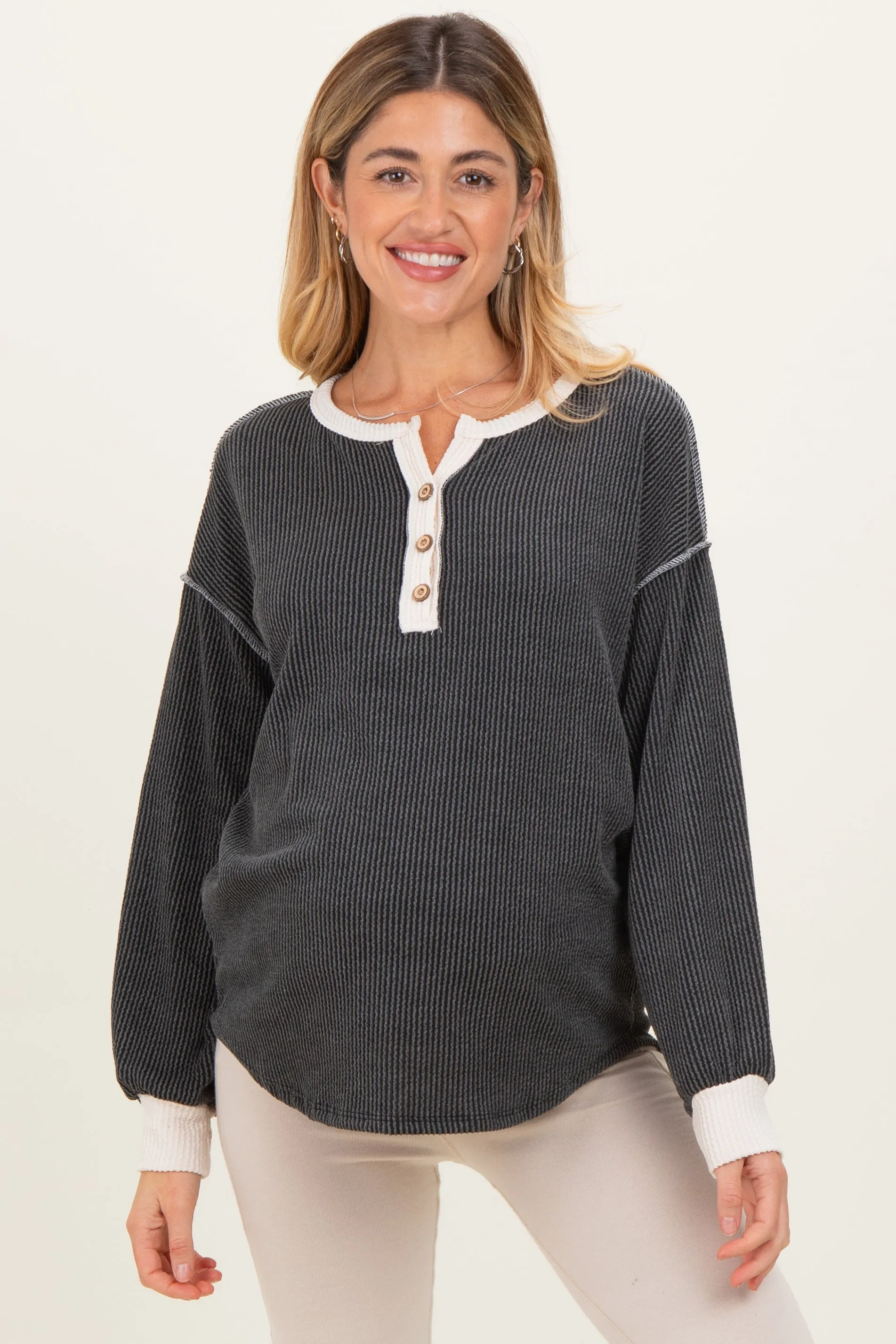 Charcoal Textured Rib Bubble Sleeve Maternity Henley sold by Pinkblush