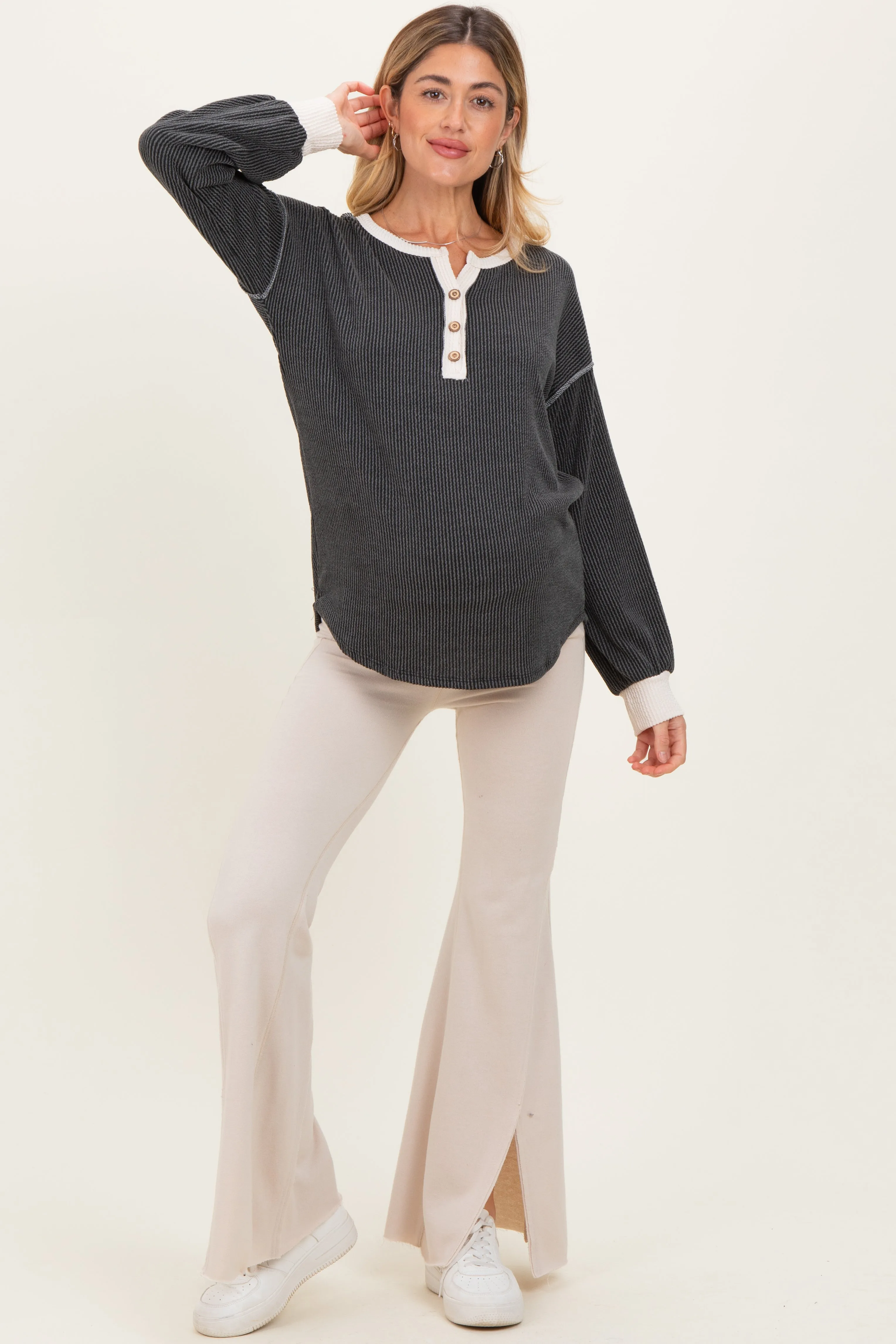 Charcoal Textured Rib Bubble Sleeve Maternity Henley sold by Pinkblush product image thumbnail 2