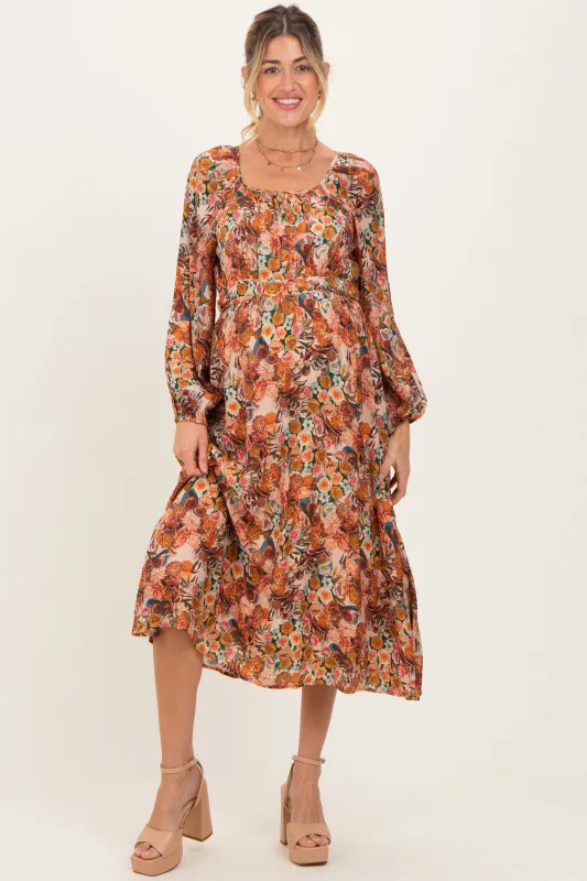 Cream Floral Fruit Smocked Waist Maternity Midi Dress sold by Pinkblush