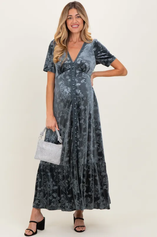 Blue Grey Velvet Floral Button Down Maternity Maxi Dress sold by Pinkblush