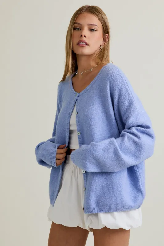 Light Blue Classic Crew Neck Button Cardigan made by Le Lis