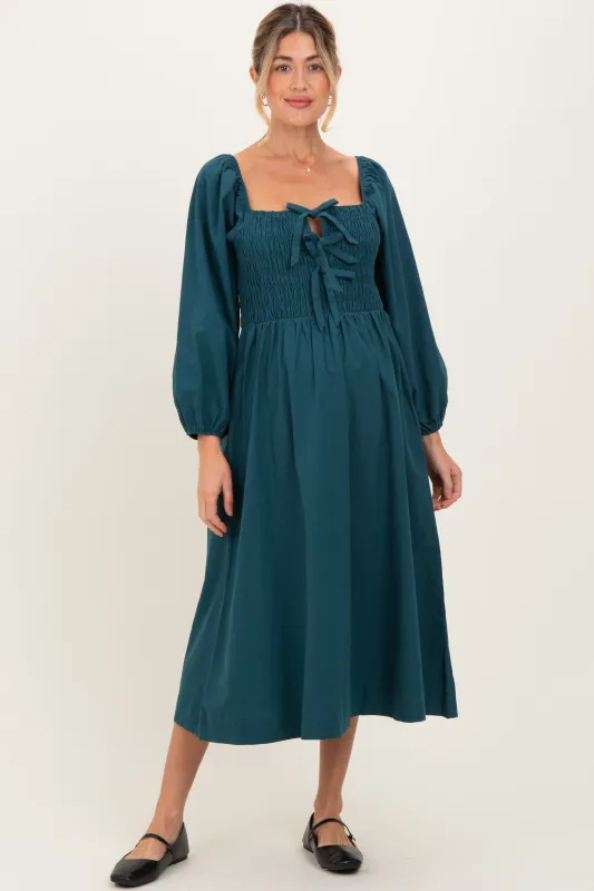 Forest Green Bow Detail Smocked Maternity Midi Dress sold by Pinkblush