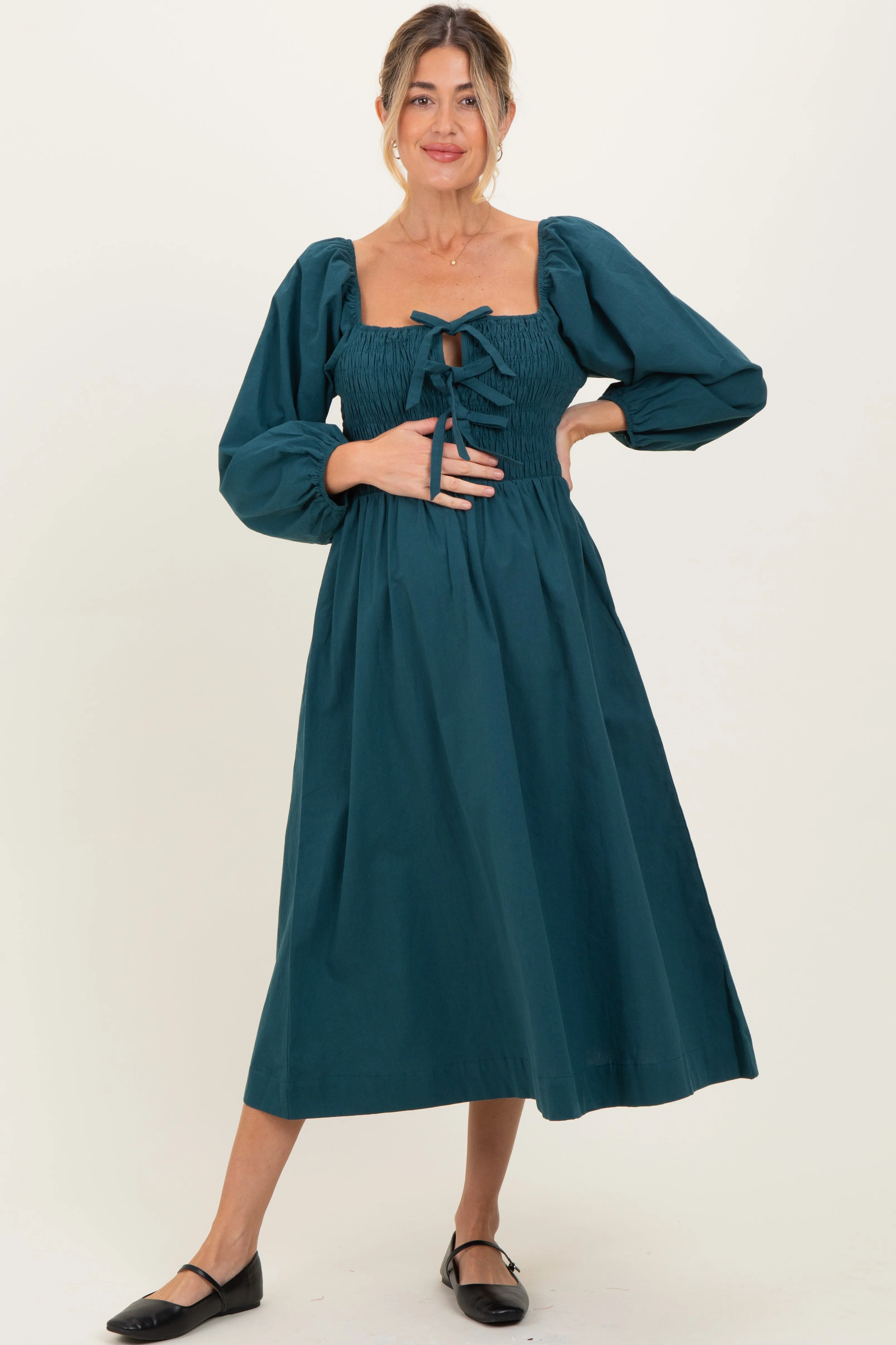 Forest Green Bow Detail Smocked Maternity Midi Dress sold by Pinkblush product image thumbnail 2