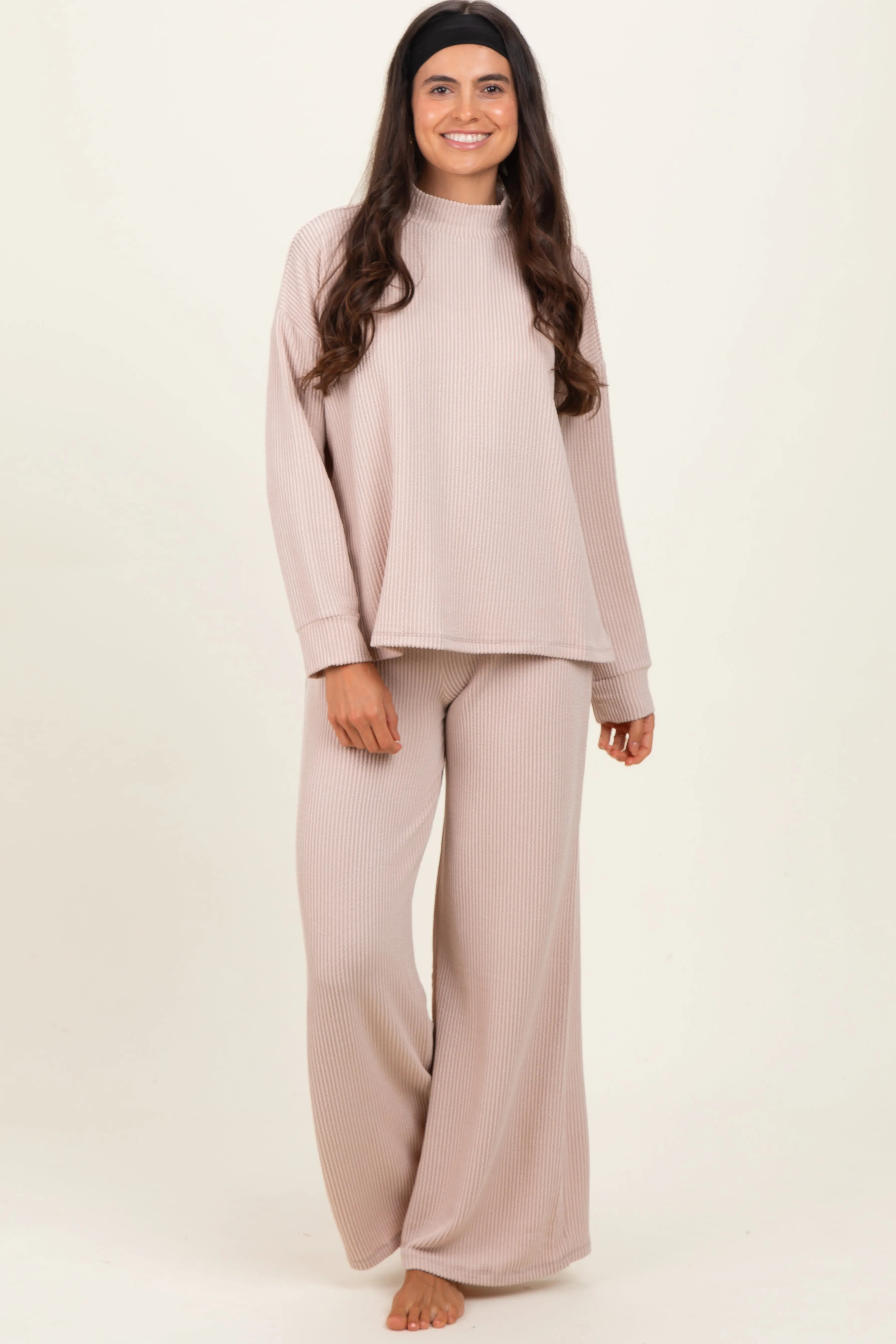 Beige Textured Rib Mock Neck Long Sleeve Pants Set sold by Pinkblush product image thumbnail 2
