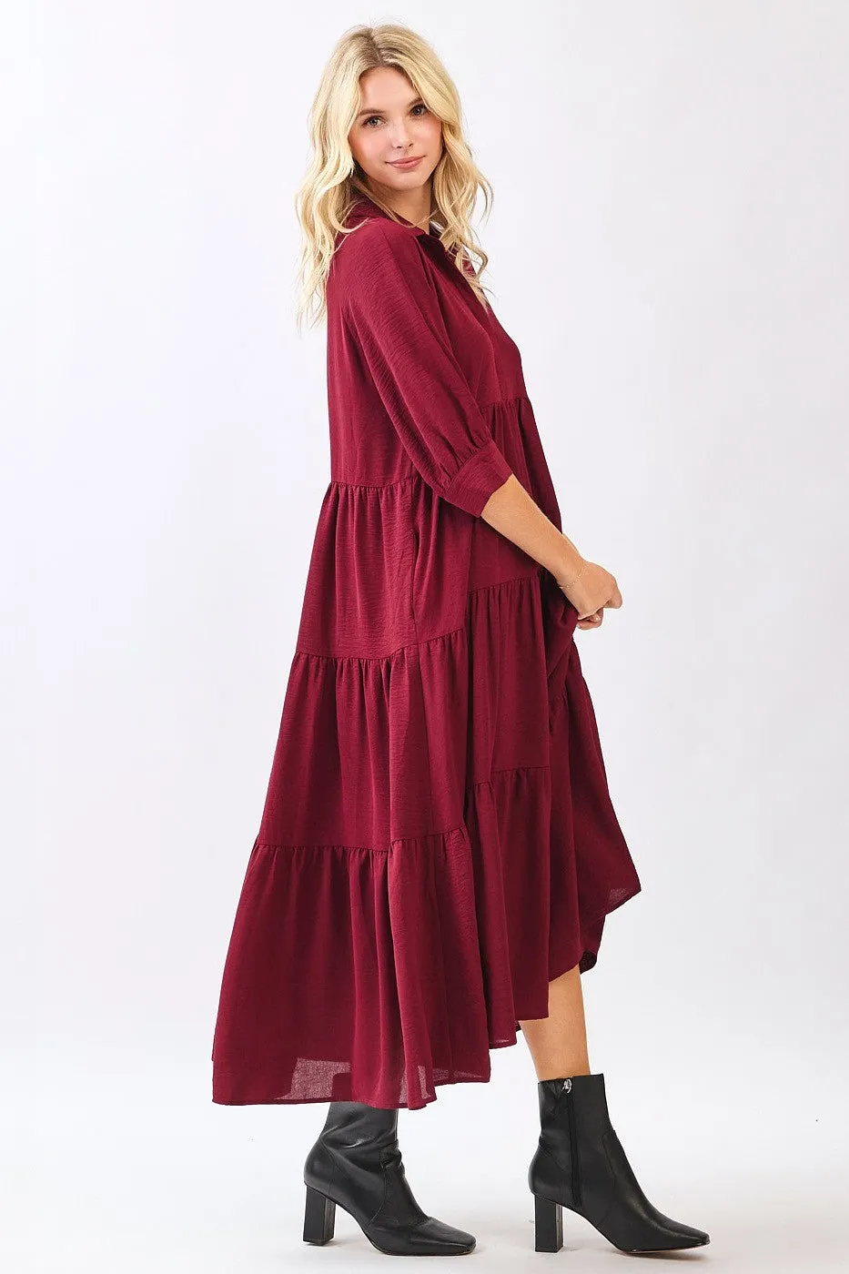 Wine Collared Button Up Tiered Midi Dress sold by Pinkblush product image thumbnail 4
