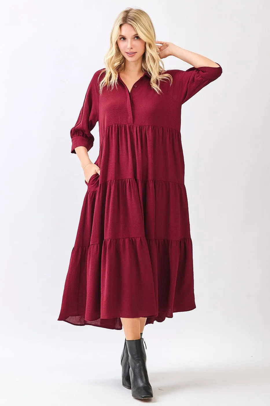 Wine Collared Button Up Tiered Midi Dress sold by Pinkblush product image thumbnail 2