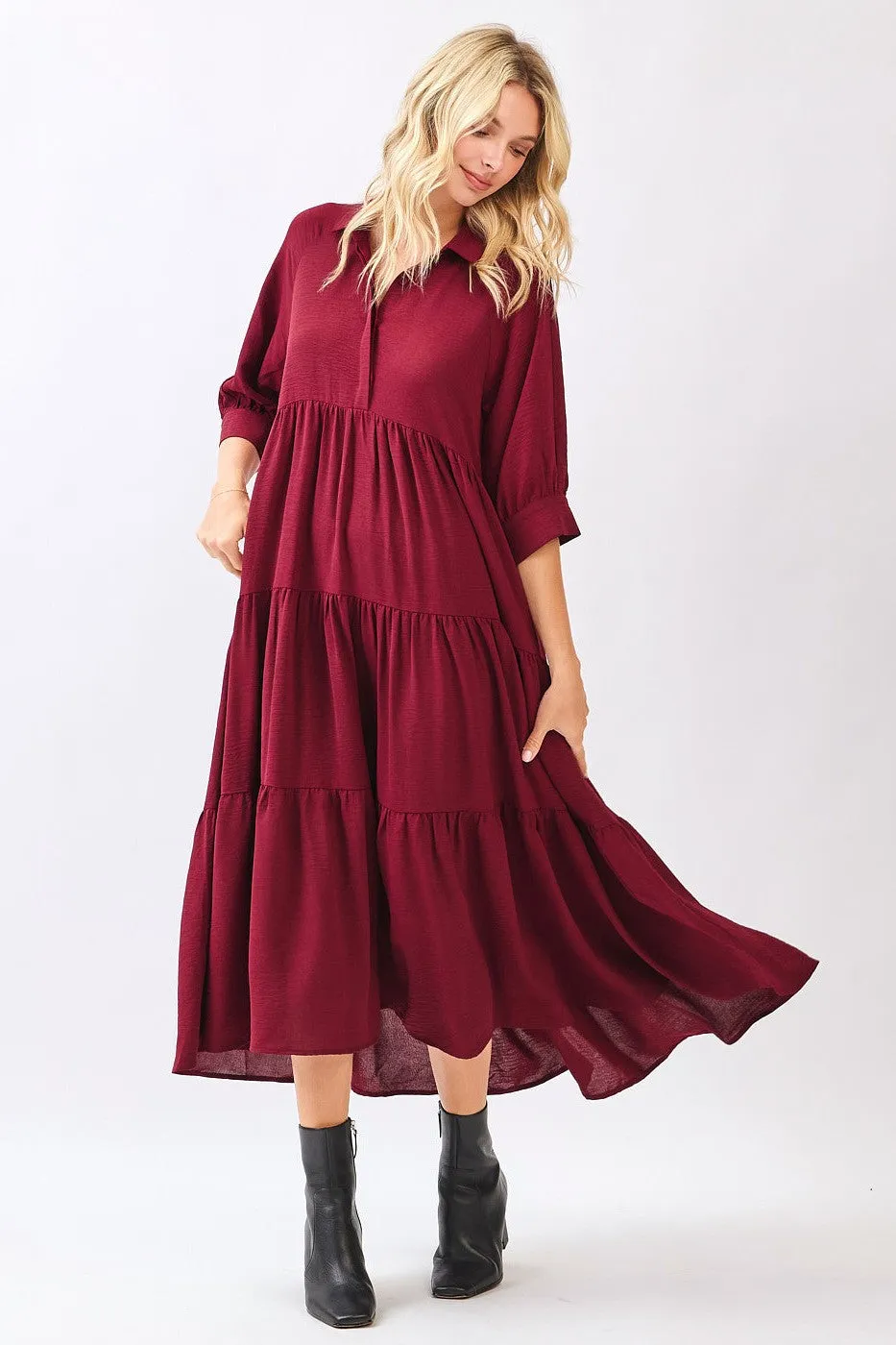 Wine Collared Button Up Tiered Midi Dress sold by Pinkblush product image thumbnail 3
