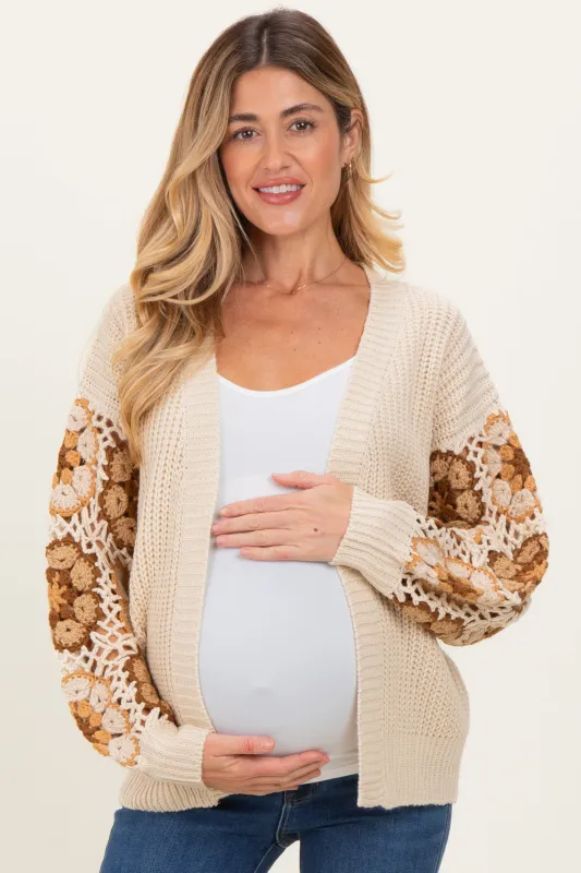Beige Crochet Detail Sleeve Maternity Cardigan sold by Pinkblush