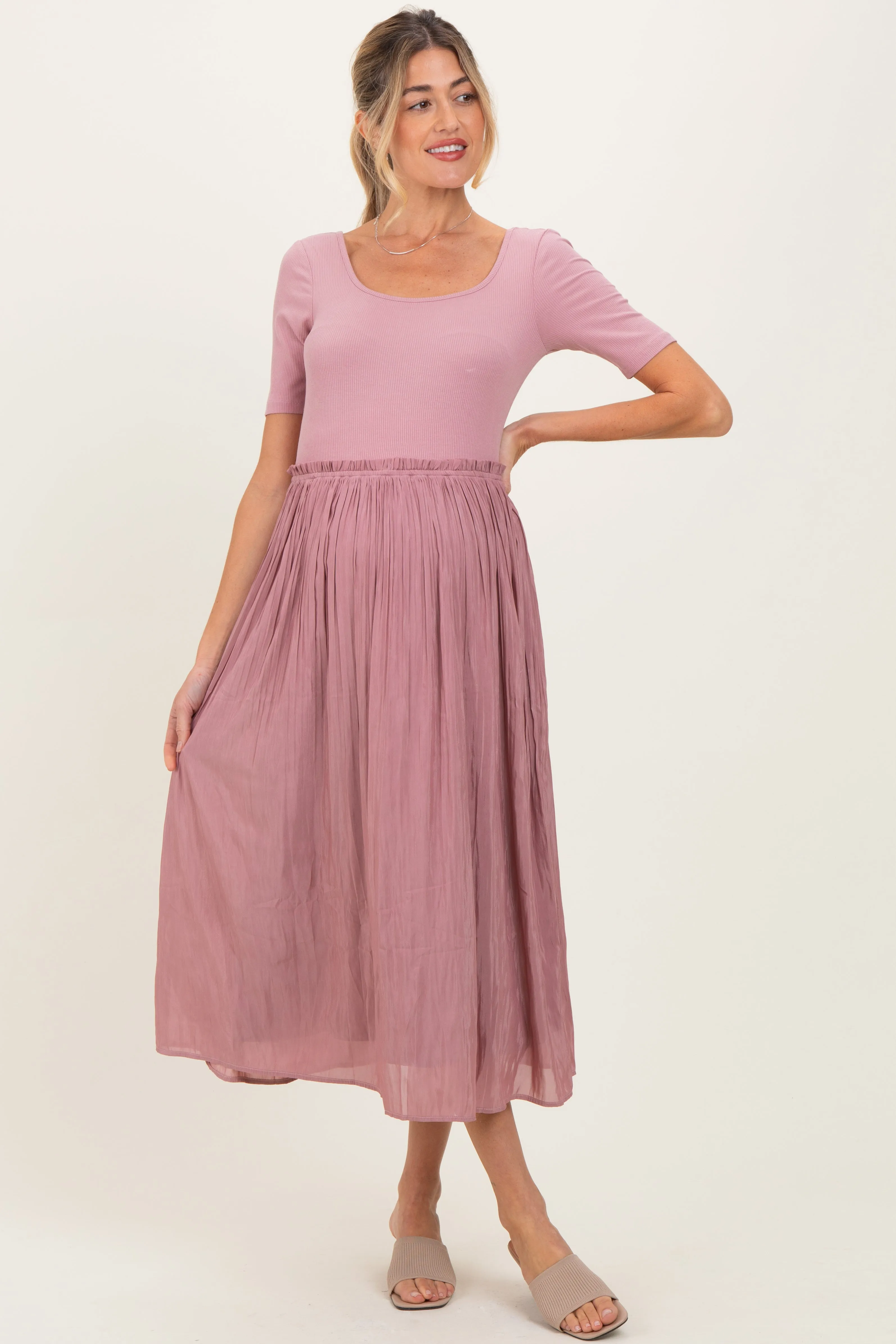 Mauve Scoop Neck Pleated Skirt Ballet Maternity Dress sold by Pinkblush product image thumbnail 2