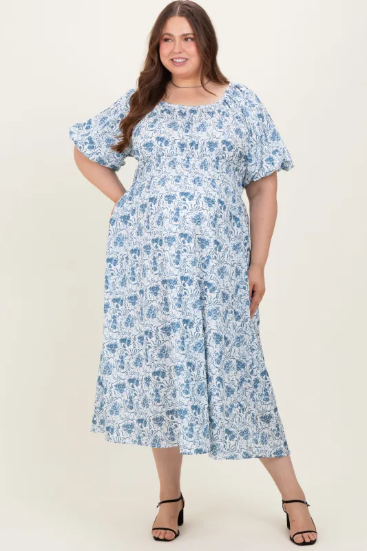 Blue Multi Printed Floral Bubble Sleeve Maternity Plus Maxi Dress sold by Pinkblush