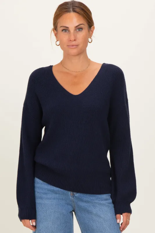 Navy V-Neck Drop Shoulder Back Bow Tie Detail Sweater sold by Pinkblush