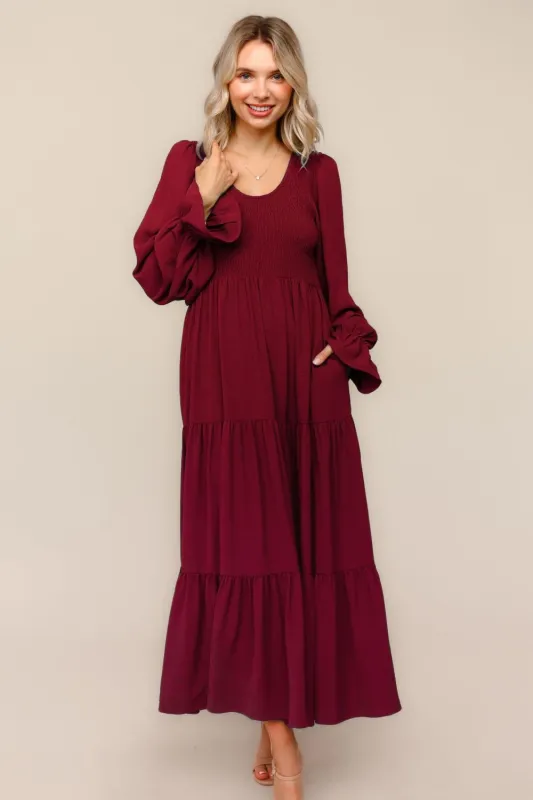 Burgundy Smocked Tiered Long Sleeve Plus Maxi Dress sold by Pinkblush