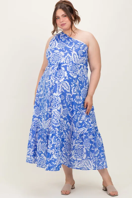 Royal Blue Floral One Shoulder Maternity Plus Maxi Dress sold by Pinkblush