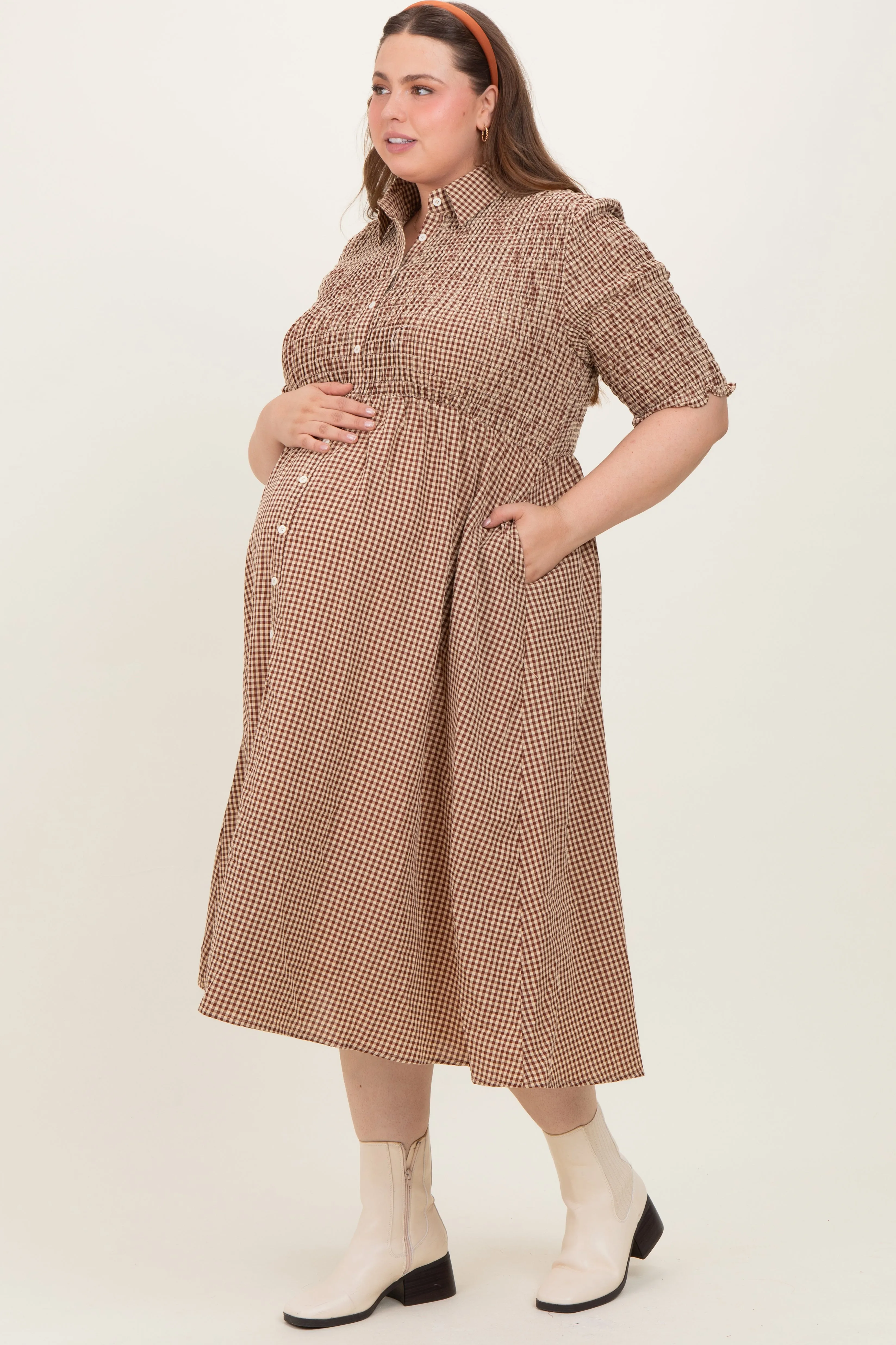 Mocha Gingham Smocked Button Down Maternity Plus Midi Dress sold by Pinkblush product image thumbnail 3