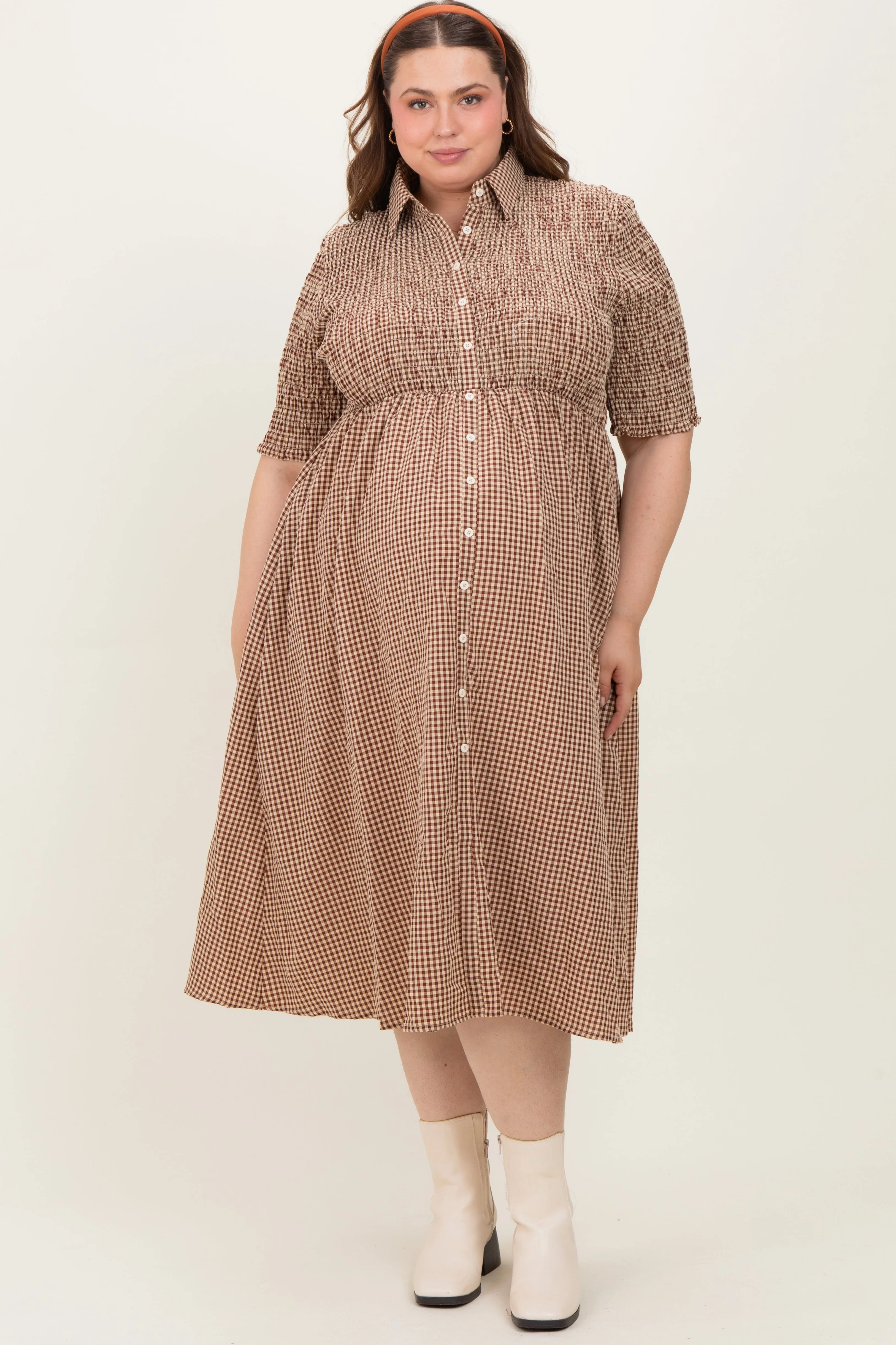 Mocha Gingham Smocked Button Down Maternity Plus Midi Dress sold by Pinkblush