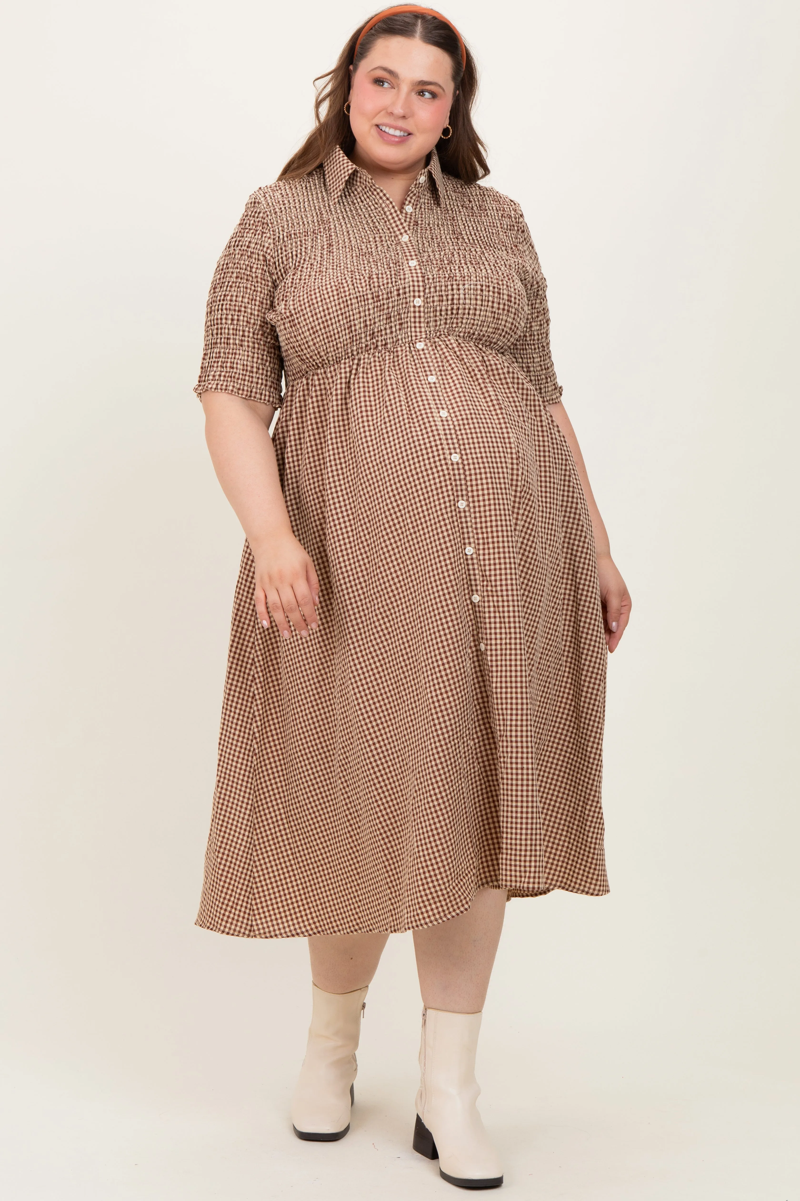 Mocha Gingham Smocked Button Down Maternity Plus Midi Dress sold by Pinkblush product image thumbnail 2