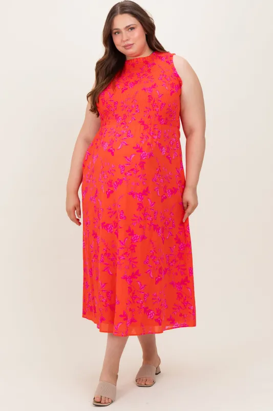 Orange Floral Smocked Sleeveless Maternity Midi Dress sold by Pinkblush