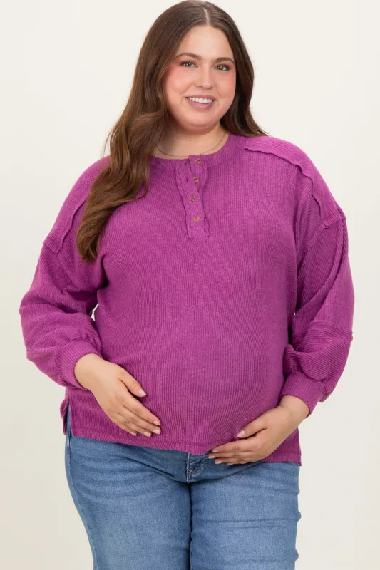 Plum Oversized Ribbed Knit Henley Maternity Plus Sweater sold by Pinkblush