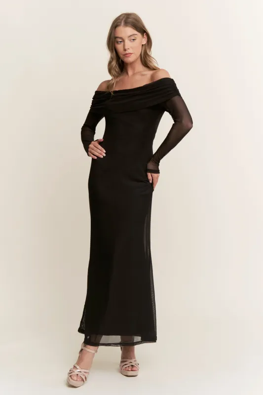 Black Mesh Off Shoulder Long Sleeve Maxi Dress sold by Pinkblush