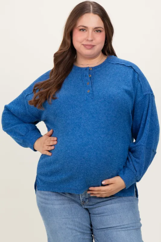 Light Navy Oversized Ribbed Knit Henley Maternity Plus Sweater made by Zenana Outfitters
