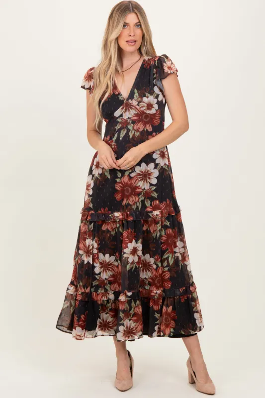 Black Floral Chiffon V-Neck Maxi Dress sold by Pinkblush