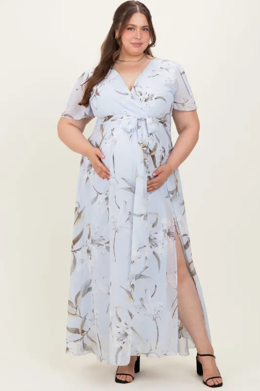 Light Blue Floral Chiffon Sash Tie Maternity Plus Maxi Dress sold by Pinkblush