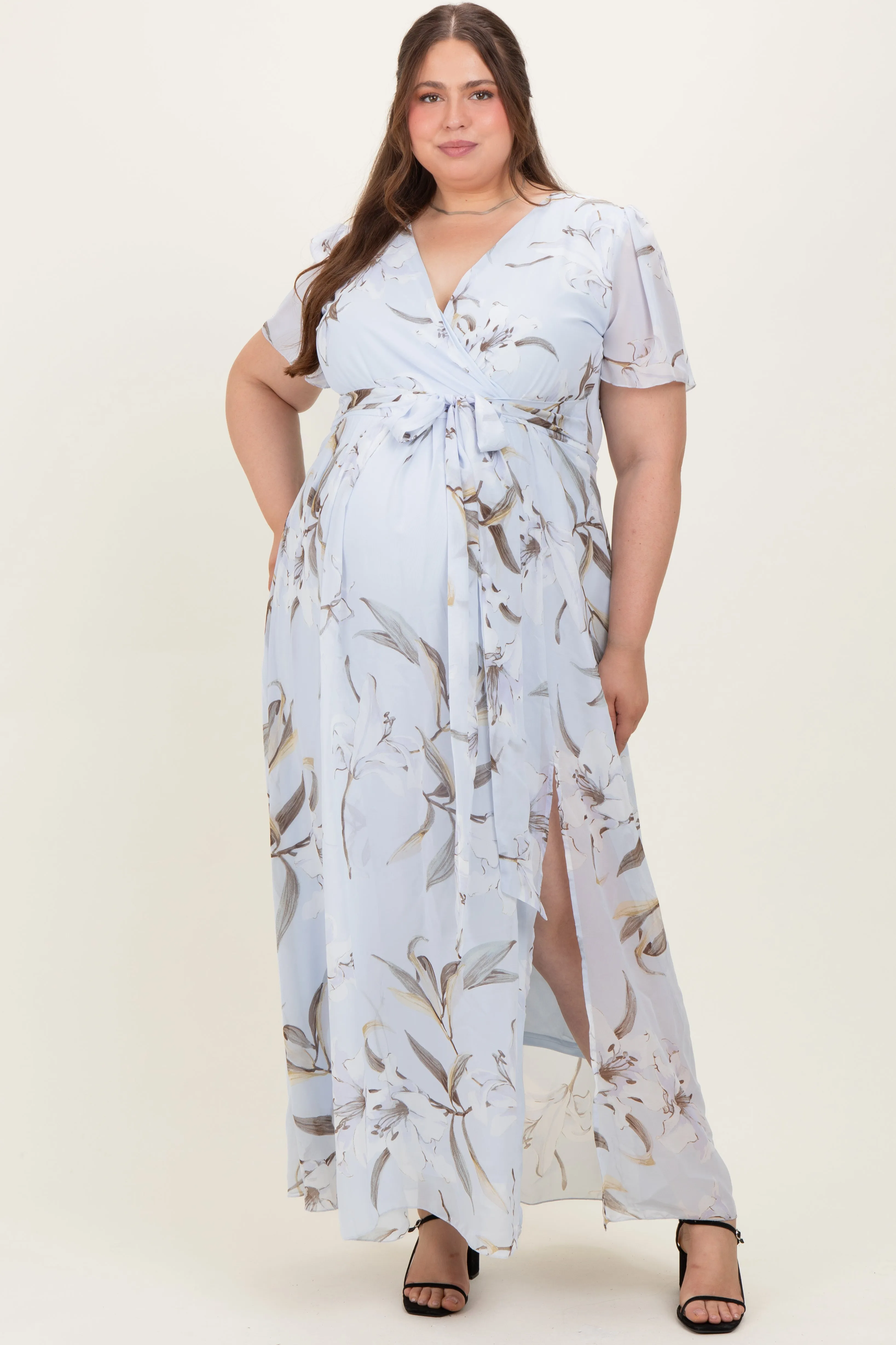 Light Blue Floral Chiffon Sash Tie Maternity Plus Maxi Dress sold by Pinkblush product image thumbnail 2