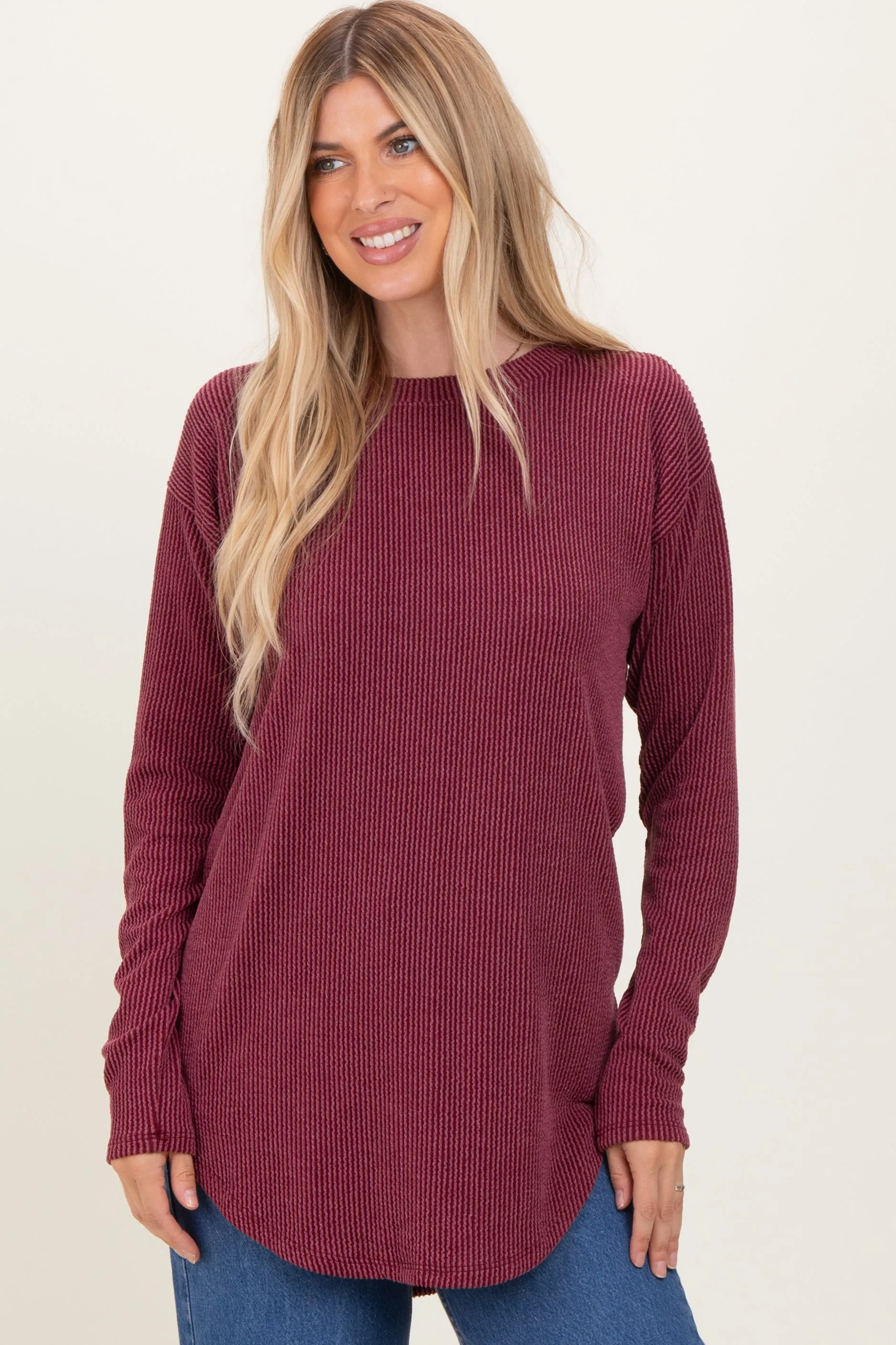 Burgundy Solid Ribbed Long Sleeve Tunic Top sold by Pinkblush